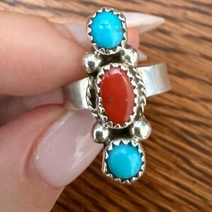 Native Sterling Silver Ring with Genuine Coral and Turquoise Stones